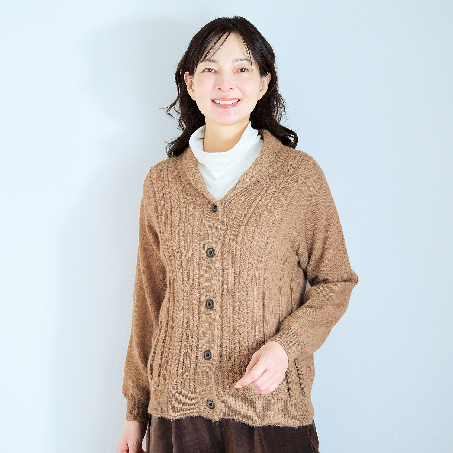 洗えるアルパカ混ふんわりニットカーデ アルパカカーディガン –