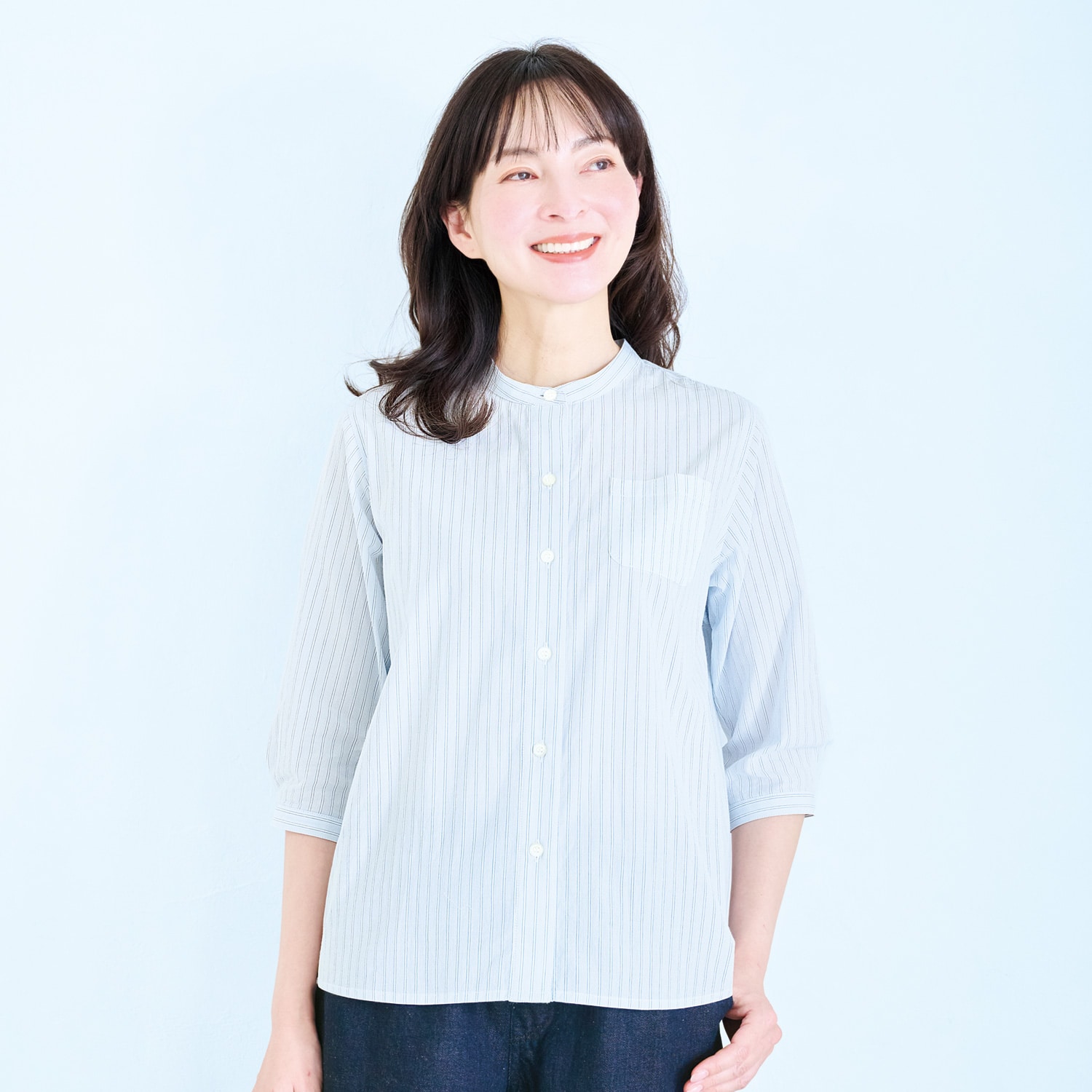 淑女のバンドカラーシャツ（七分袖）