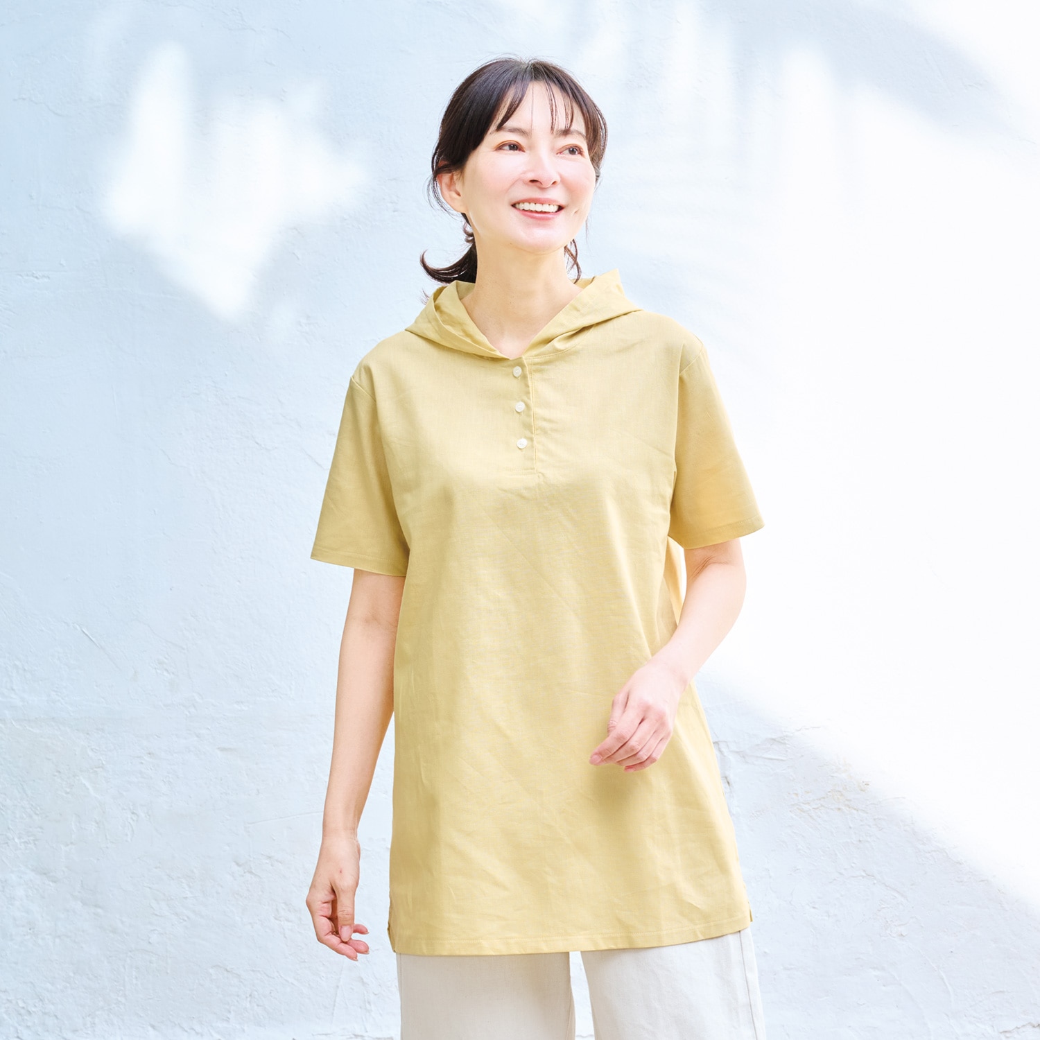 フード付き麻混チュニック