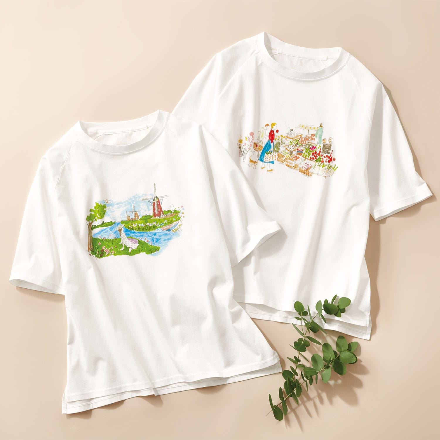 大人のイラストTシャツ2枚セット（マルシェ・風車） 『着心地