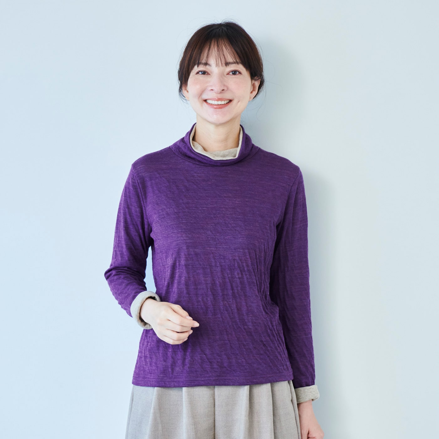ウールコットンあったかタートル(Ｓ パープル×ベージュ): 『着心地のいい服』通販ショップ